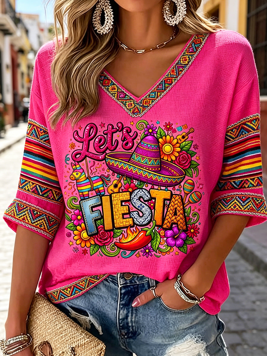 Women's V-neck Mid-Sleeve Cinco de Mayo Printed Casual T-shirt