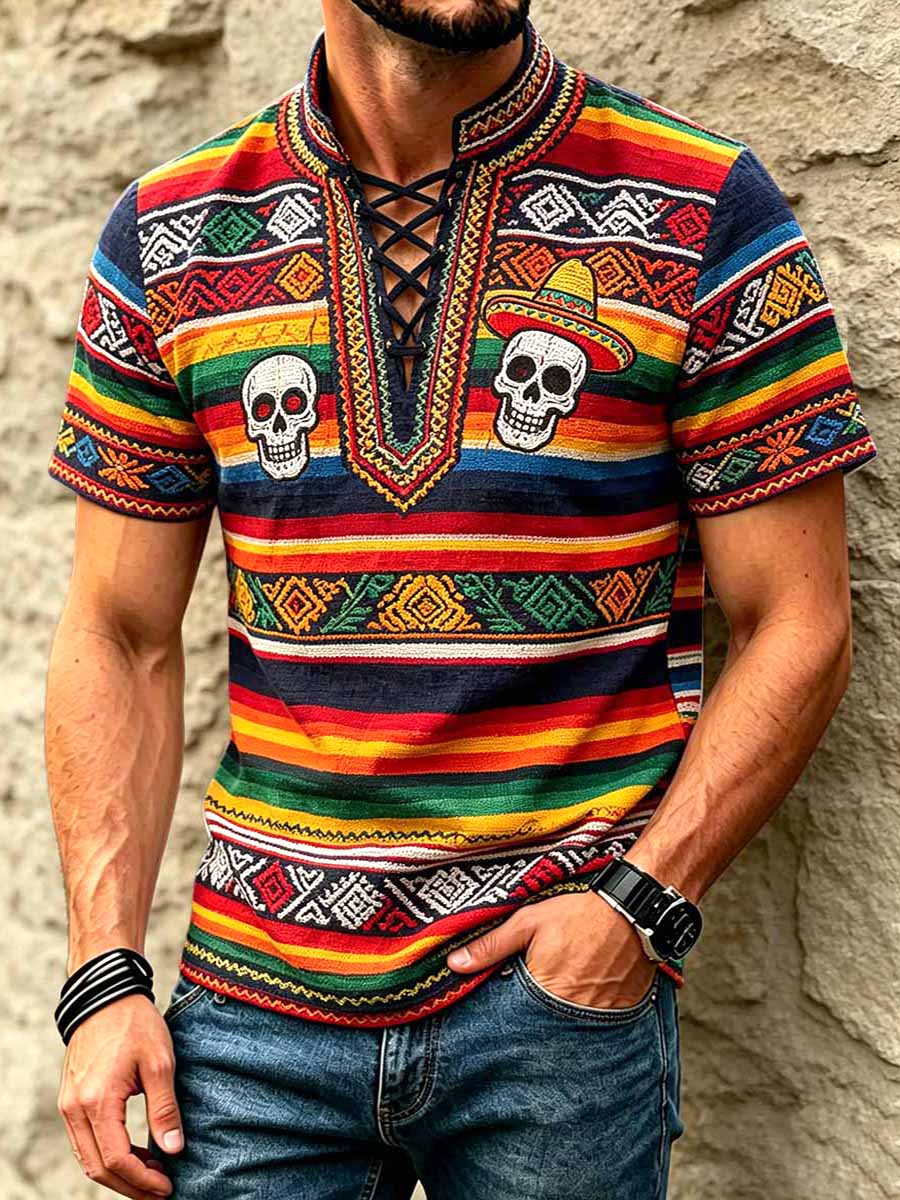Men's Retro Ethnic Pattern Printed Casual Short-Sleeve Shirt