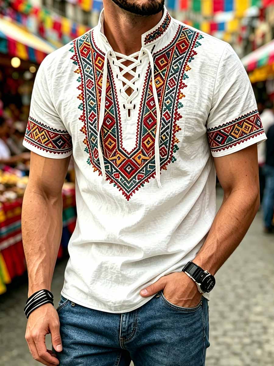 Men's Retro Ethnic Pattern Printed Casual Short-Sleeve Shirt