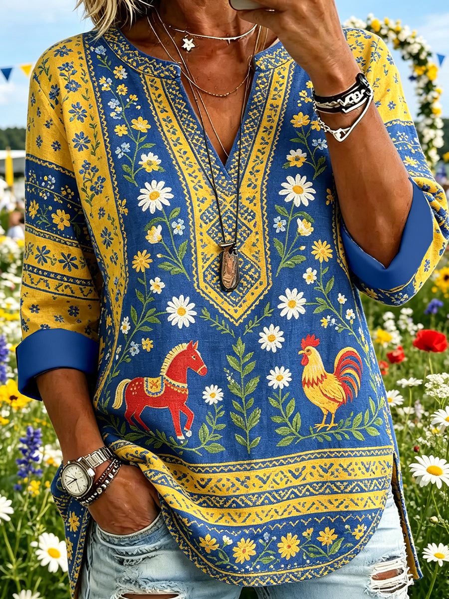 Women's Midsummer-Style Ethnic Print V-Neck Top