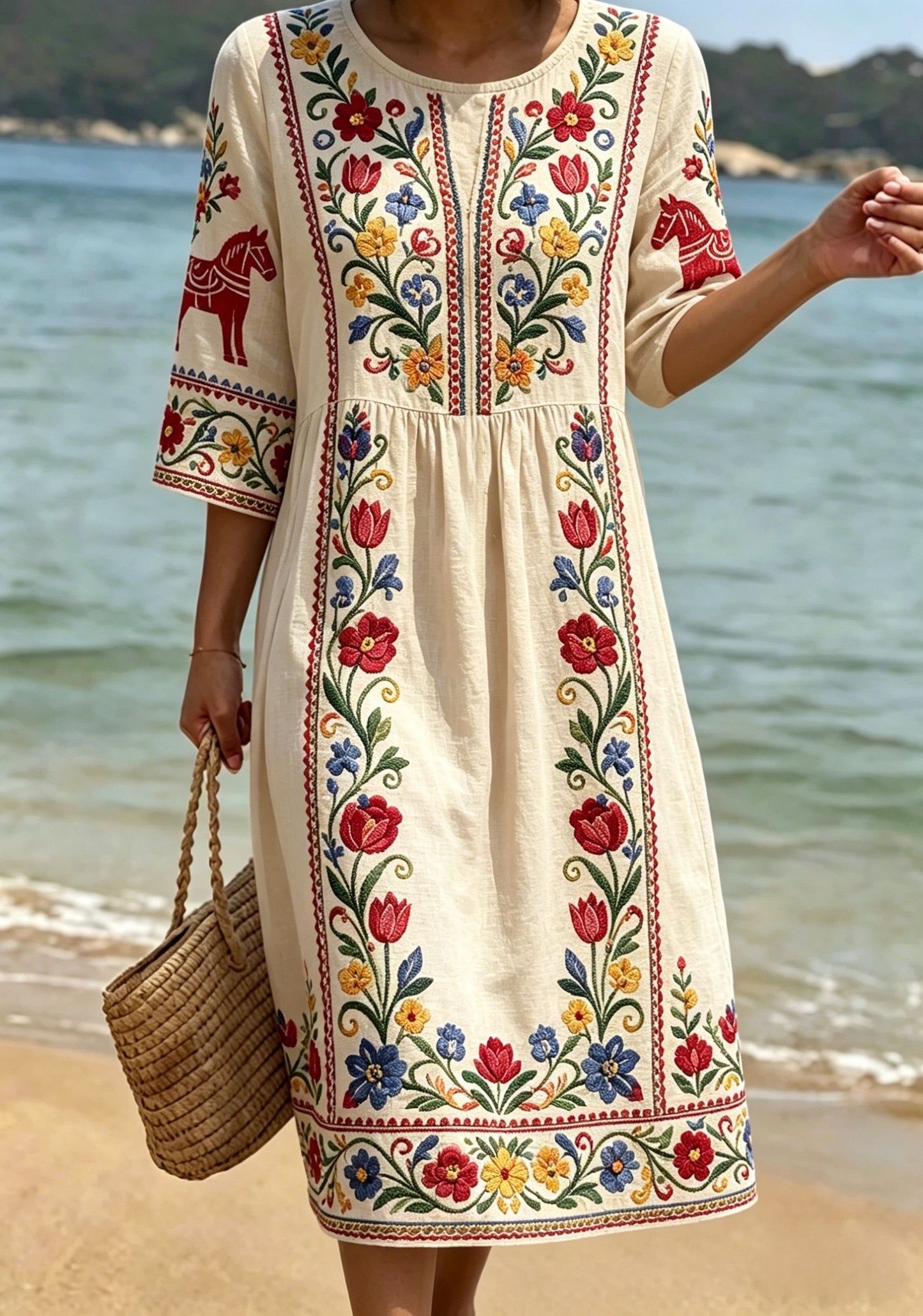 Women's Retro Swedish Midsummer Folk Floral Mid-Length Sleeve (Side Pockets) Cotton-Linen Dress
