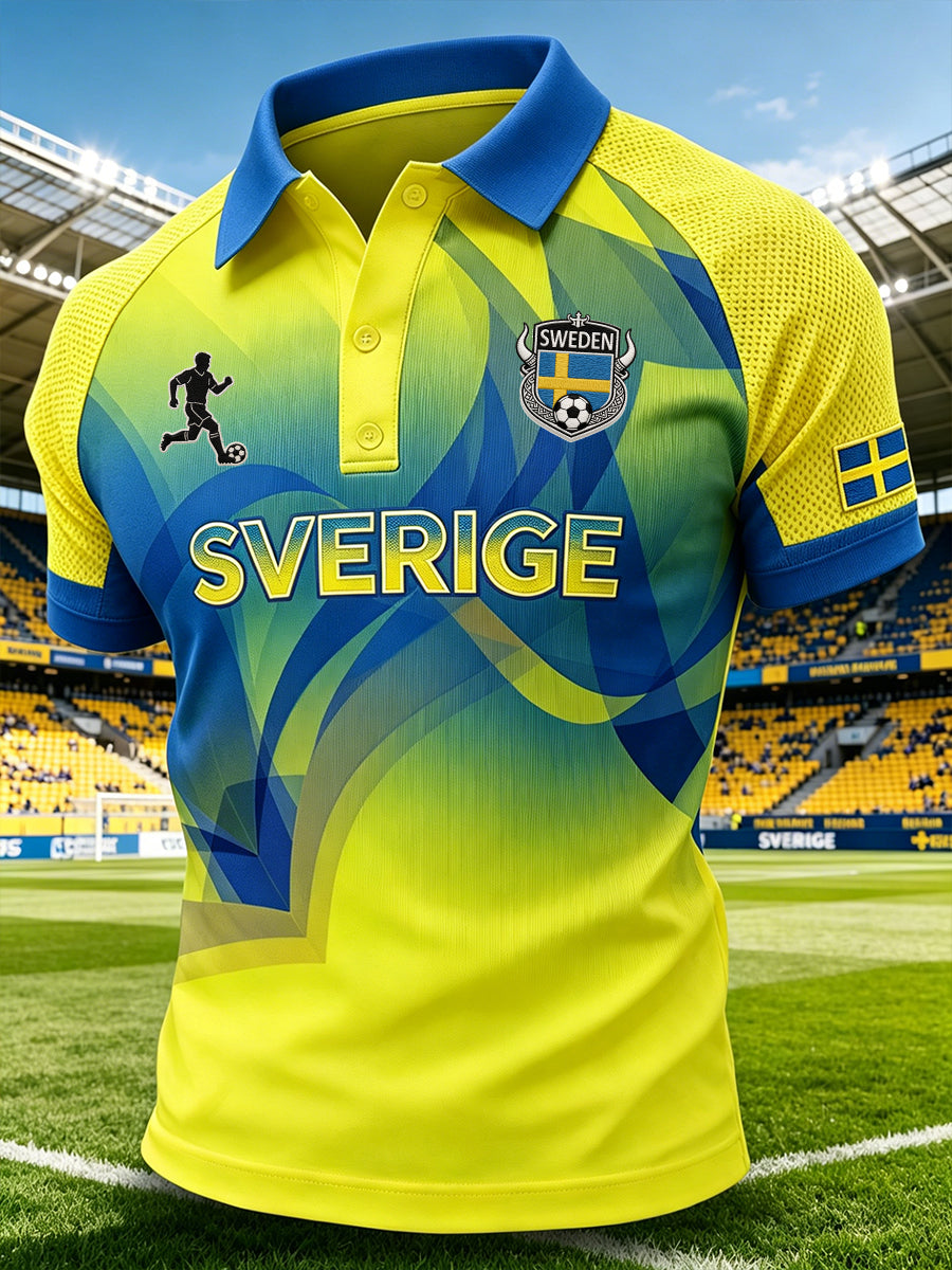 Men's Sports-Style Raglan Polo Shirt With Football Elements
