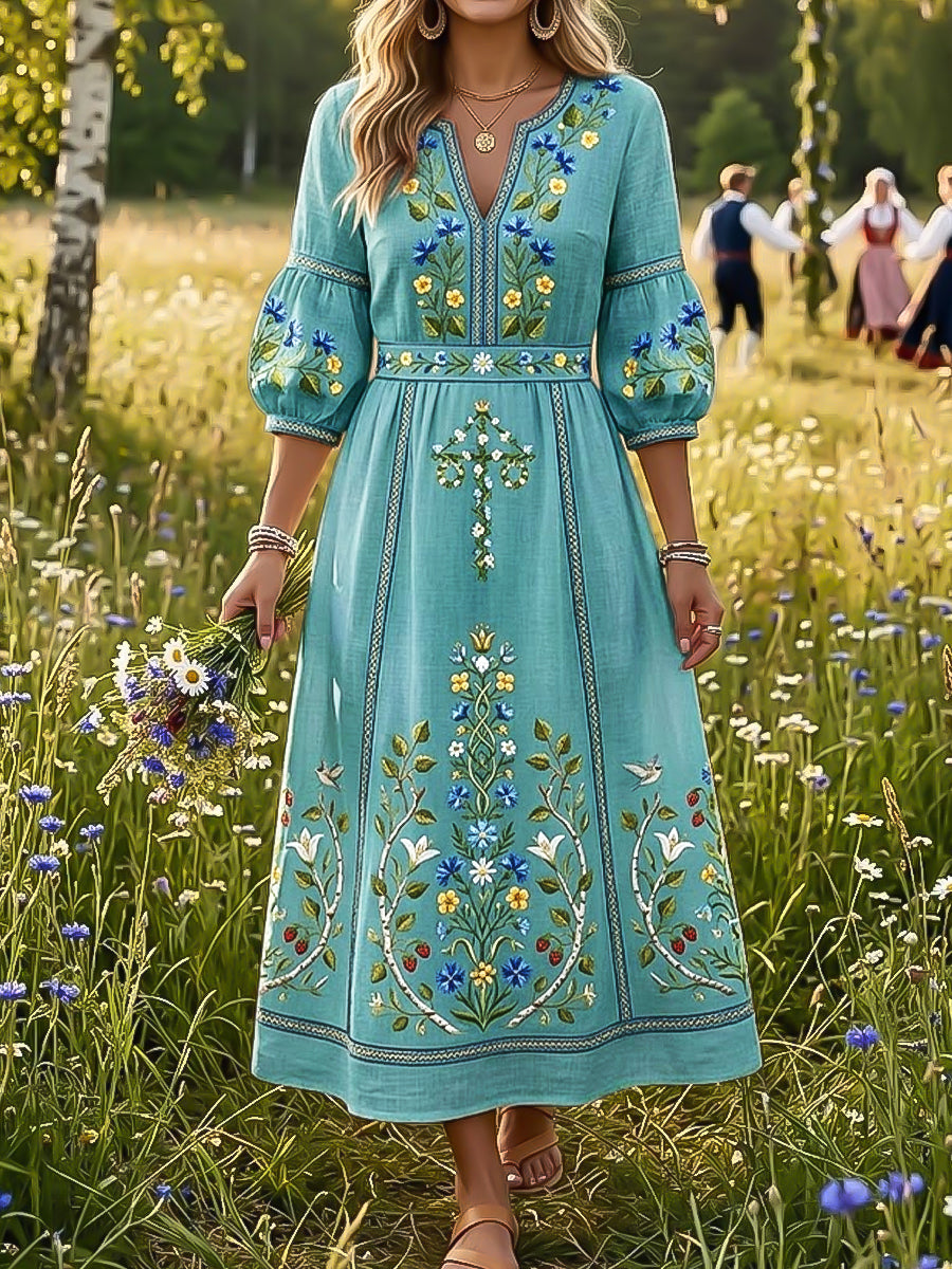 Women's Vintage Swedish Midsummer Flower Crown Art V-Neck Dress