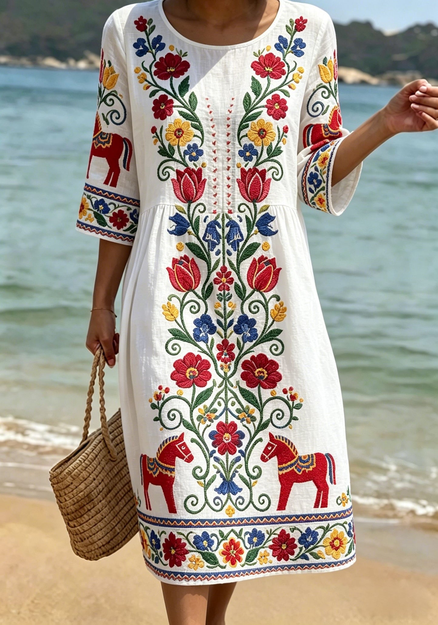 Women's Retro Swedish Midsummer Folk Floral Mid-Length Sleeve Cotton-Linen Dress