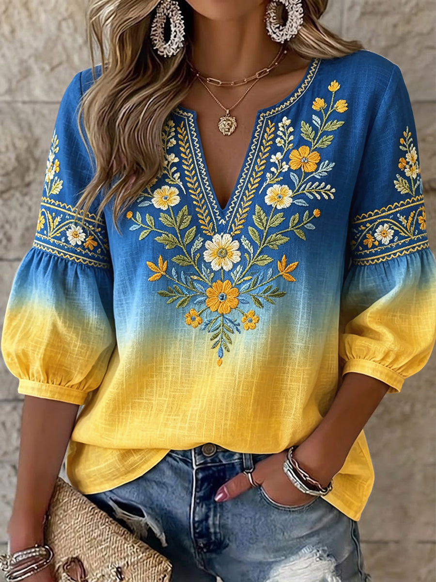 Women's Retro Swedish Midsummer Gradient Floral Art V-Neck Top