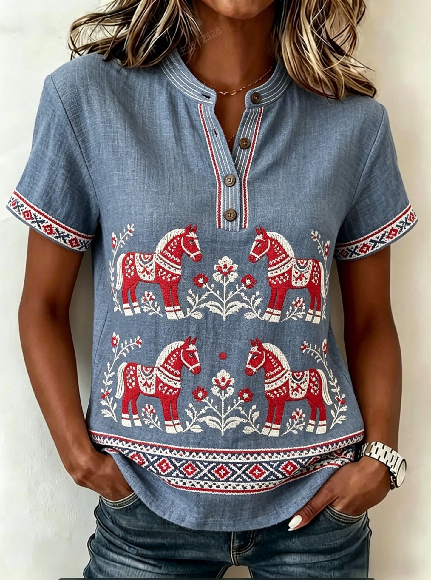 Women's Retro Swedish Midsummer Folk Floral Cotton-Linen T-shirt