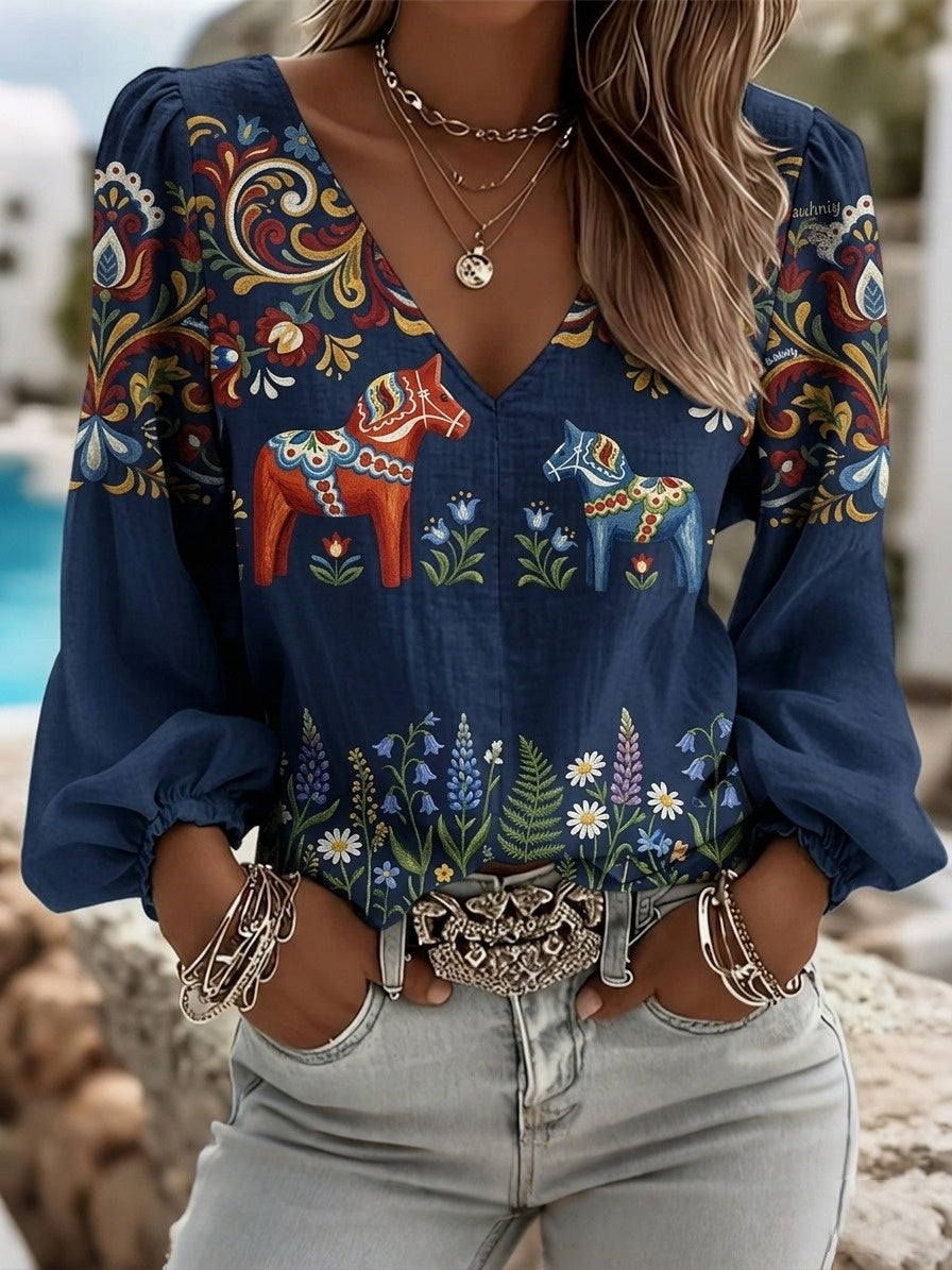 Women's Retro Swedish Midsummer Folk Floral Cotton-Linen Blouse