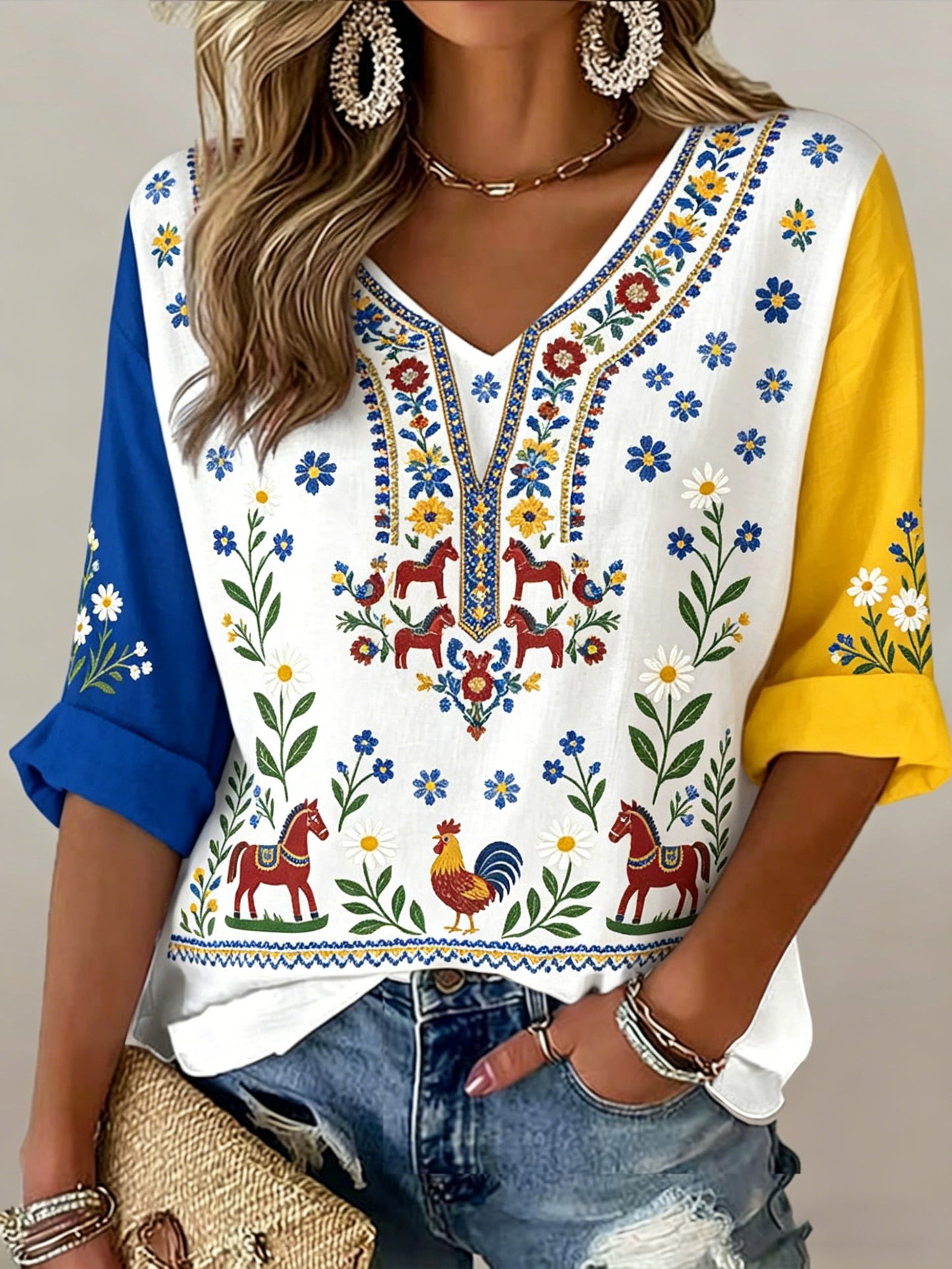 Women's Swedish Midsummer Festival Commemorative Art Print V-Neck T-Shirt