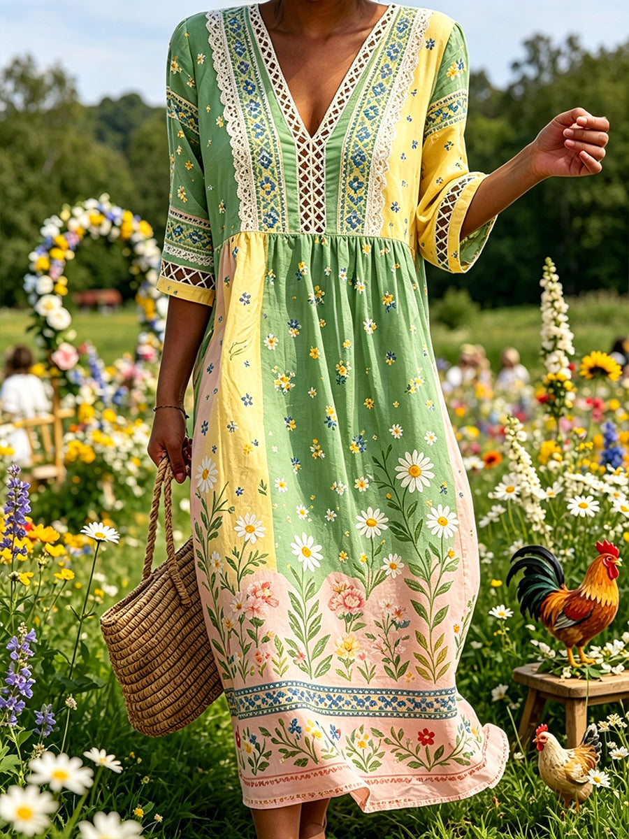Women's Midsummer-Style V-Neck Dress With Ethnic Print