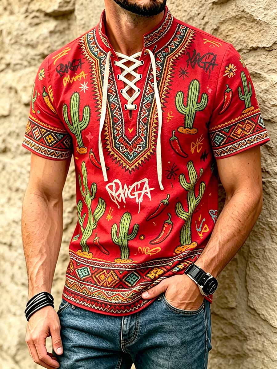 Men's Retro Ethnic Pattern Printed Casual Short-Sleeve Shirt