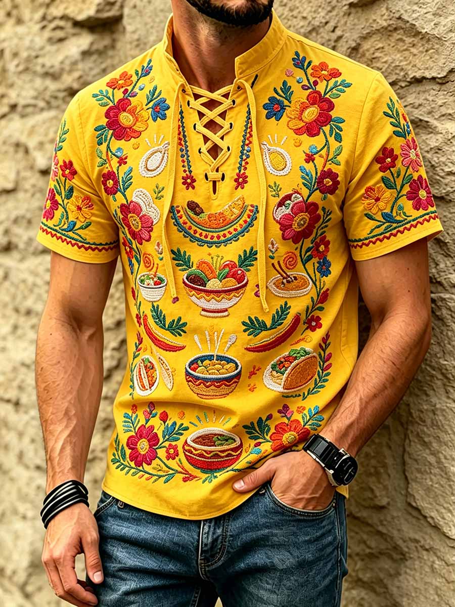 Men's Retro Ethnic Pattern Printed Casual Short-Sleeve Shirt