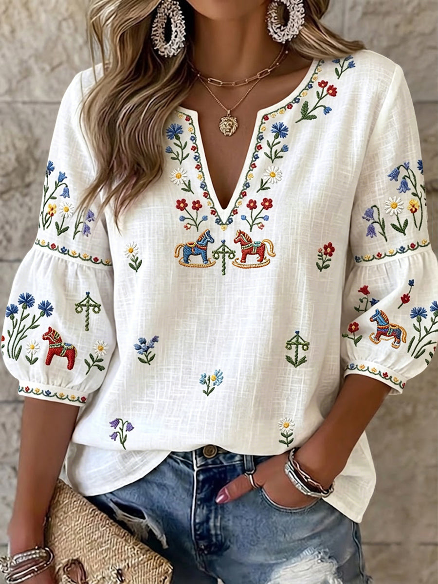 Women's Retro Swedish Midsummer Floral Carousel Art V-Neck Top