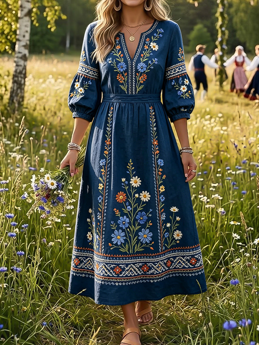 Women's Vintage-Style Swedish Midsummer Floral Ethnic Dress