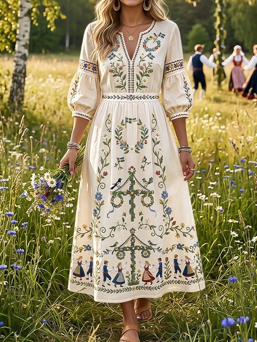 Women's Vintage Swedish Midsummer Column-Style Floral Art Dress