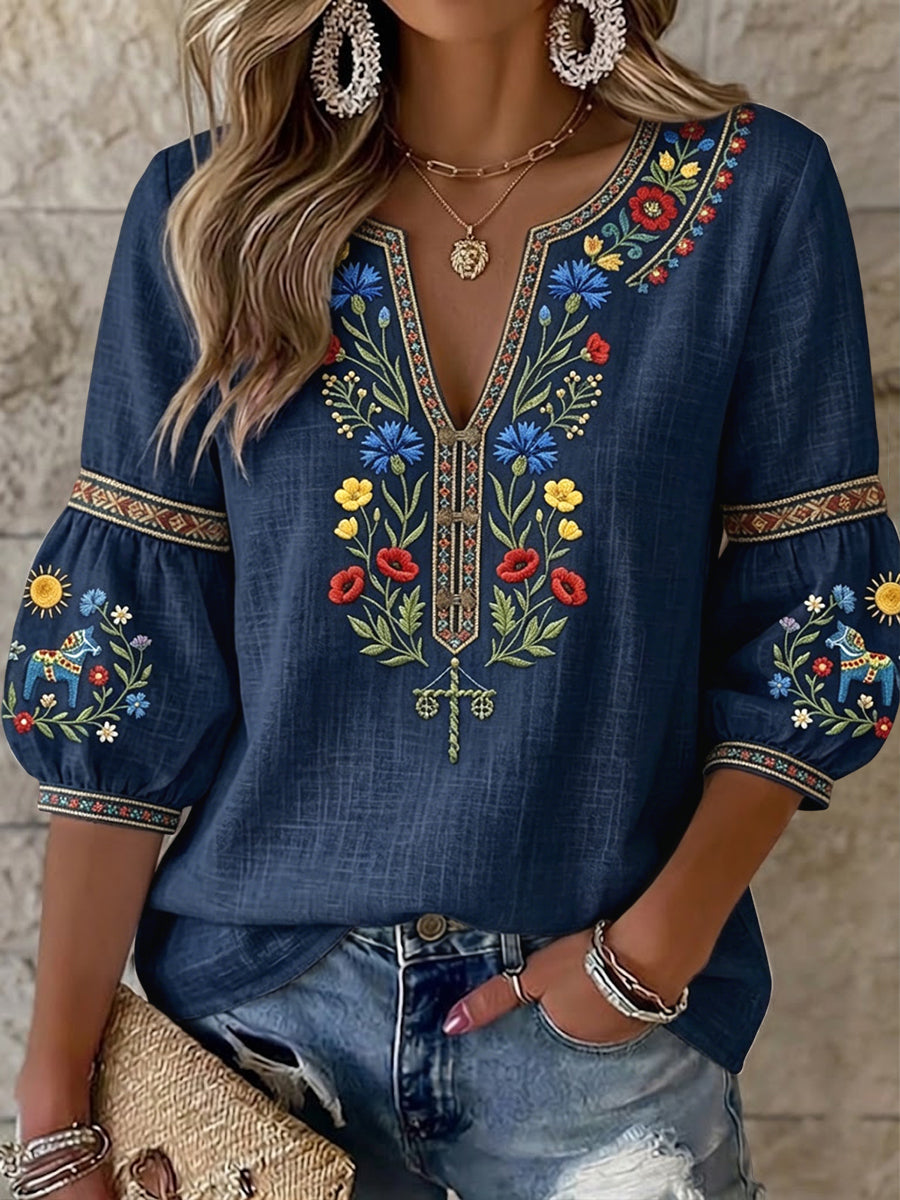Women's Vintage Swedish Midsummer Floral Art V-Neck Blouse