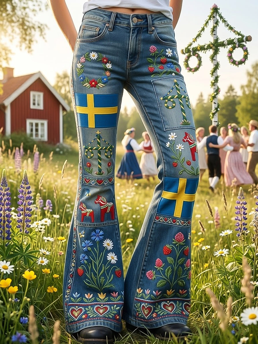 Women's Swedish Midsummer Floral Patchwork Casual Flared Pants