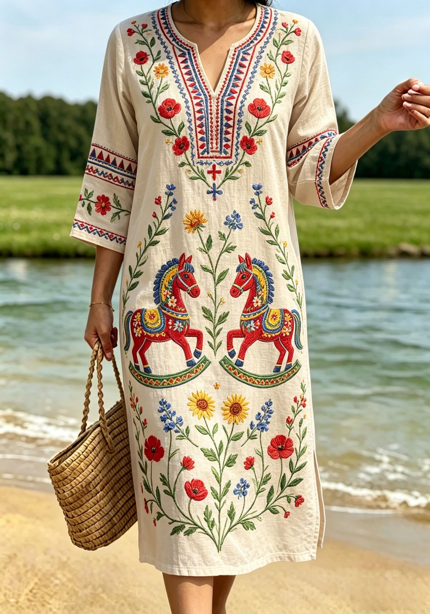 Women's Retro Swedish Midsummer Folk Floral Cotton-Linen Dress