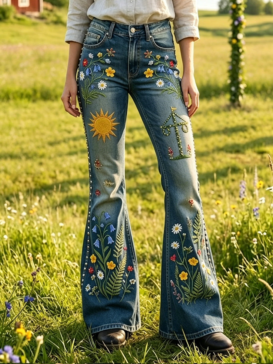 Women's Swedish Midsummer-Inspired Floral Artistic Casual Bell-Bottom Pants