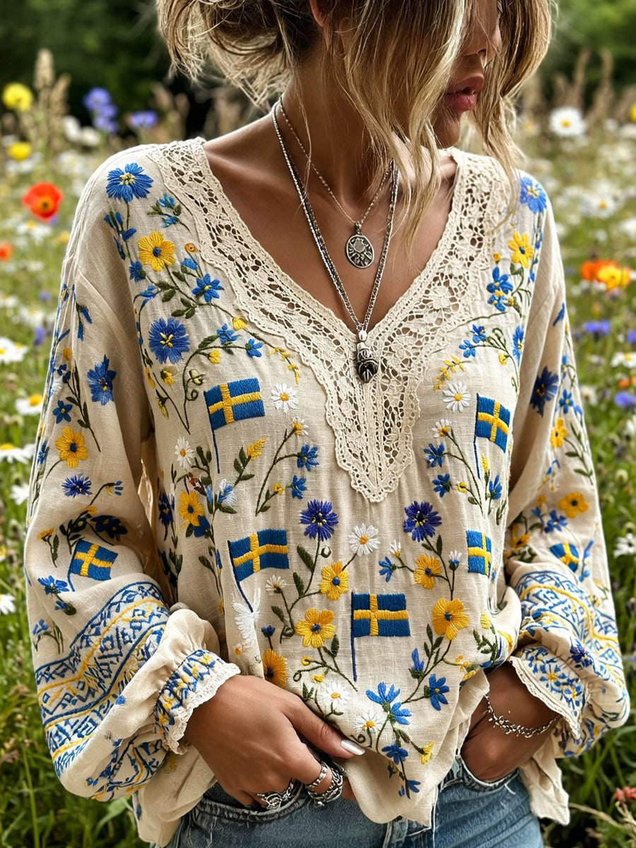 Women's Retro Midsummer Art Print Casual V-Neck Comfortable Cotton-Linen Top
