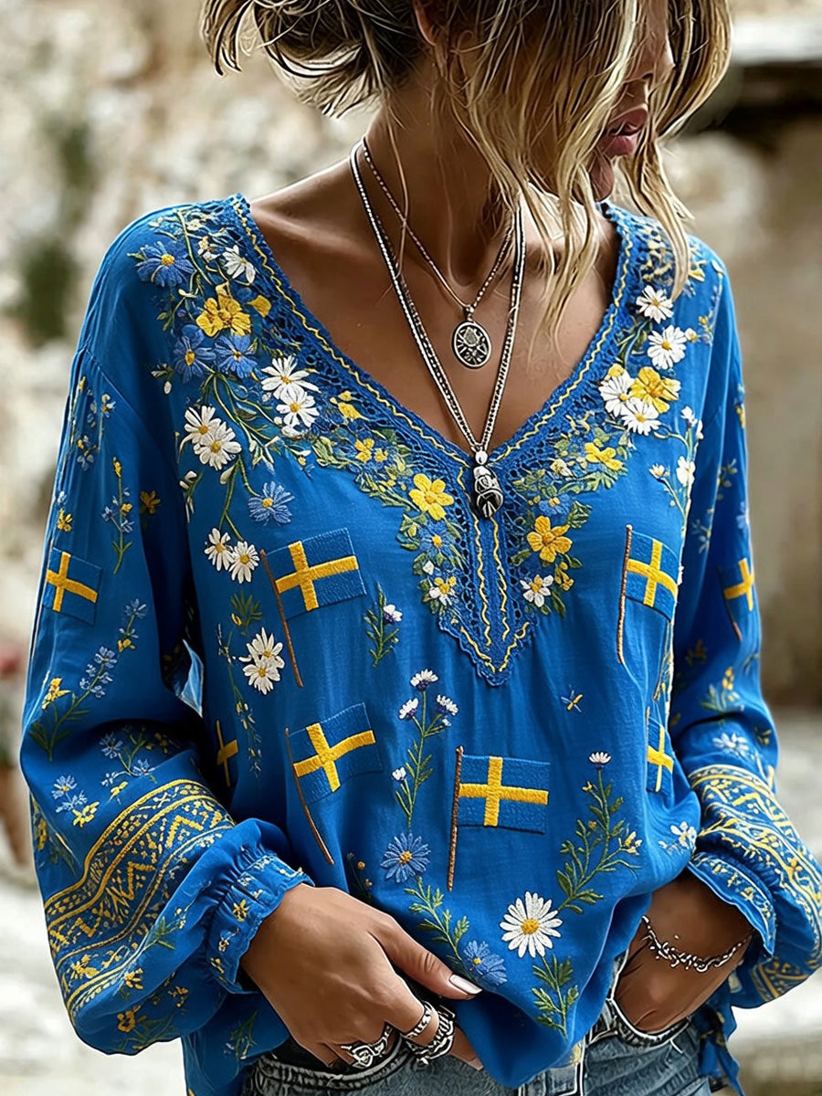Women's Retro Midsummer Art Print Casual V-Neck Comfortable Cotton-Linen Top