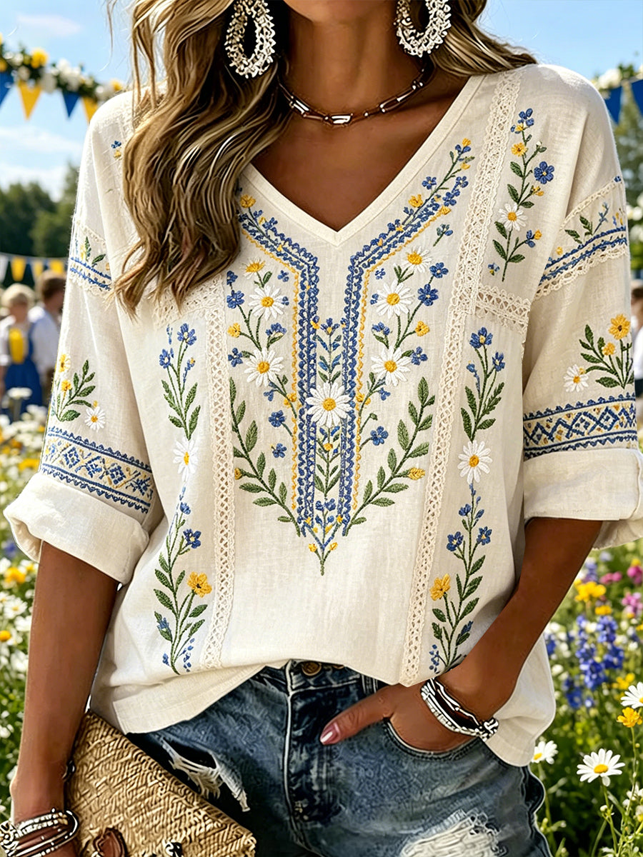 Women's Midsummer Floral Embroidered V-Neck Top