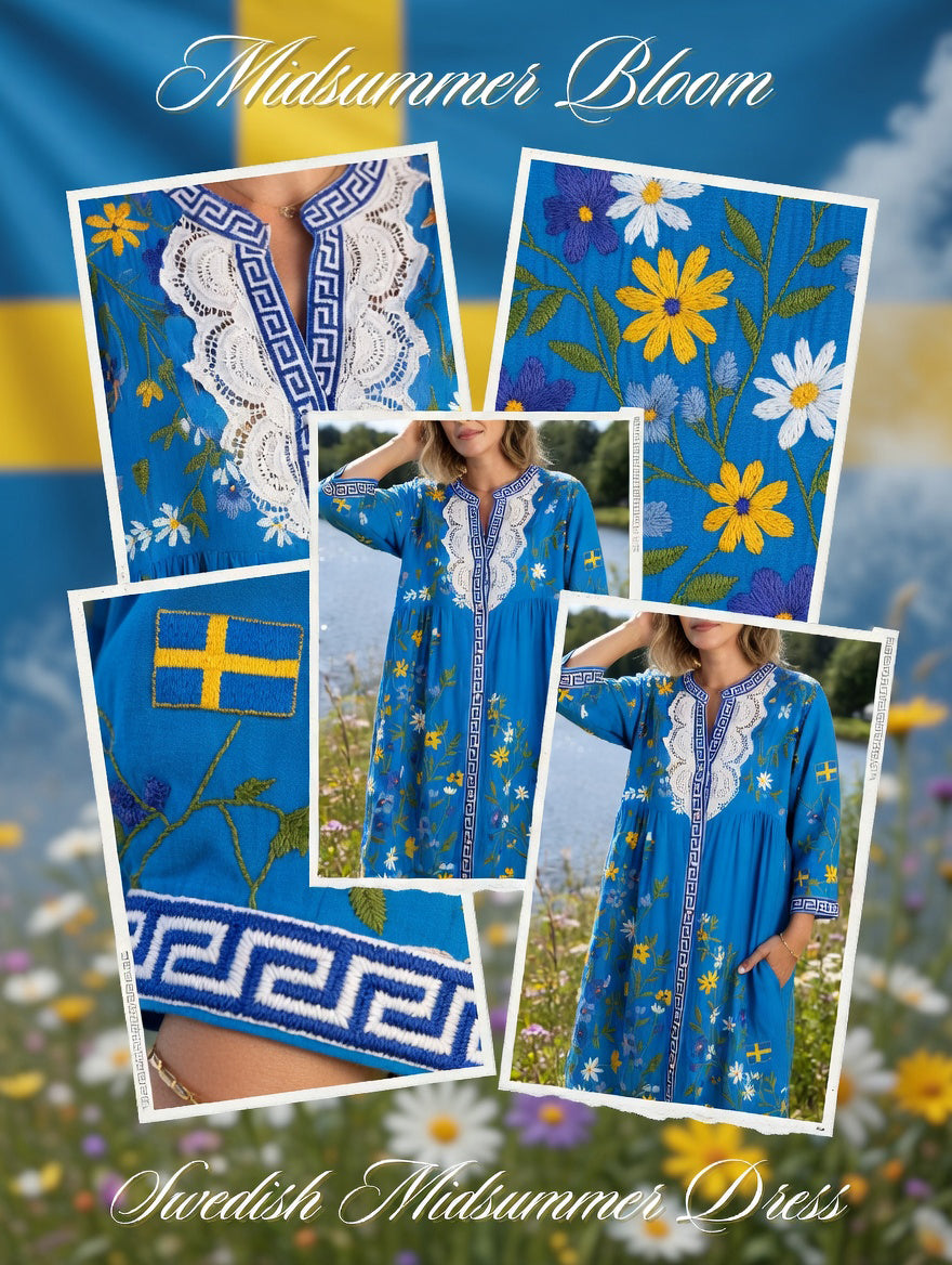 Women's Vintage Midsummer Floral Art Print Casual Cotton-Linen Dress
