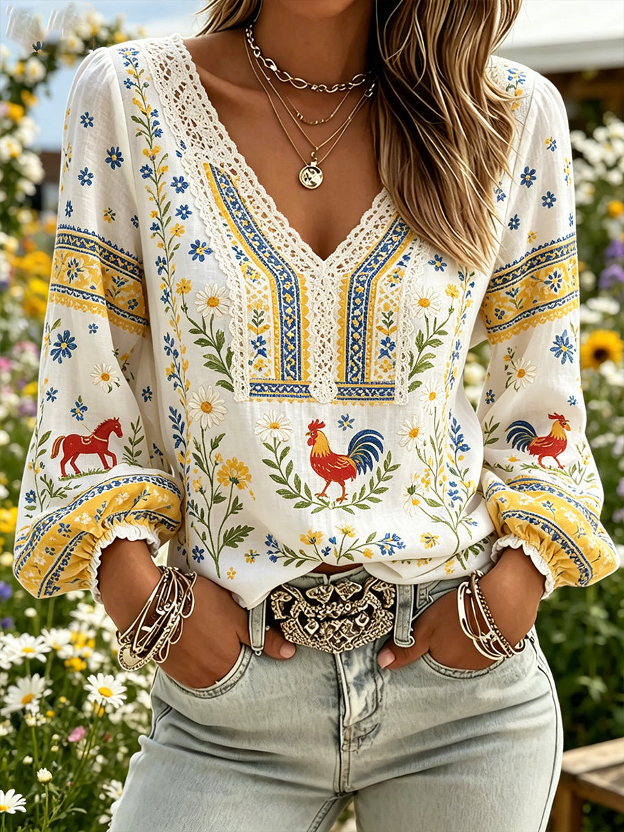 Women's Midsummer Floral Print Pastoral V-Neck Top