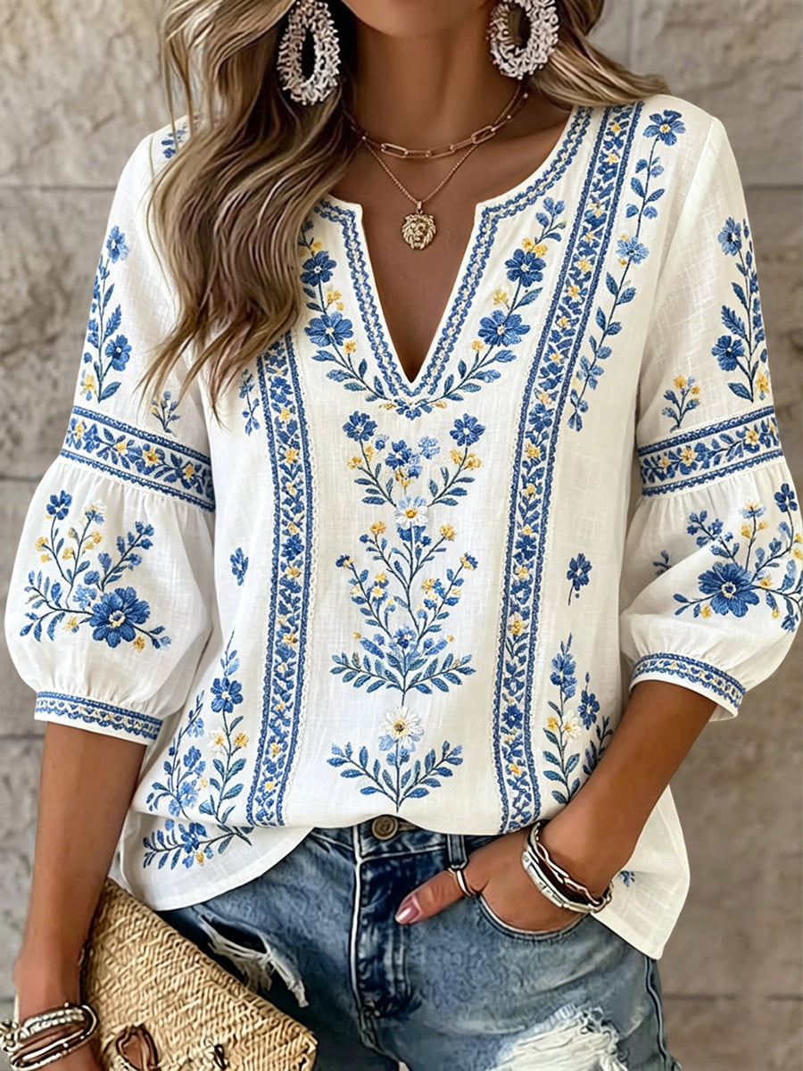 Women's Retro Swedish Midsummer Floral Art V-Neck Top