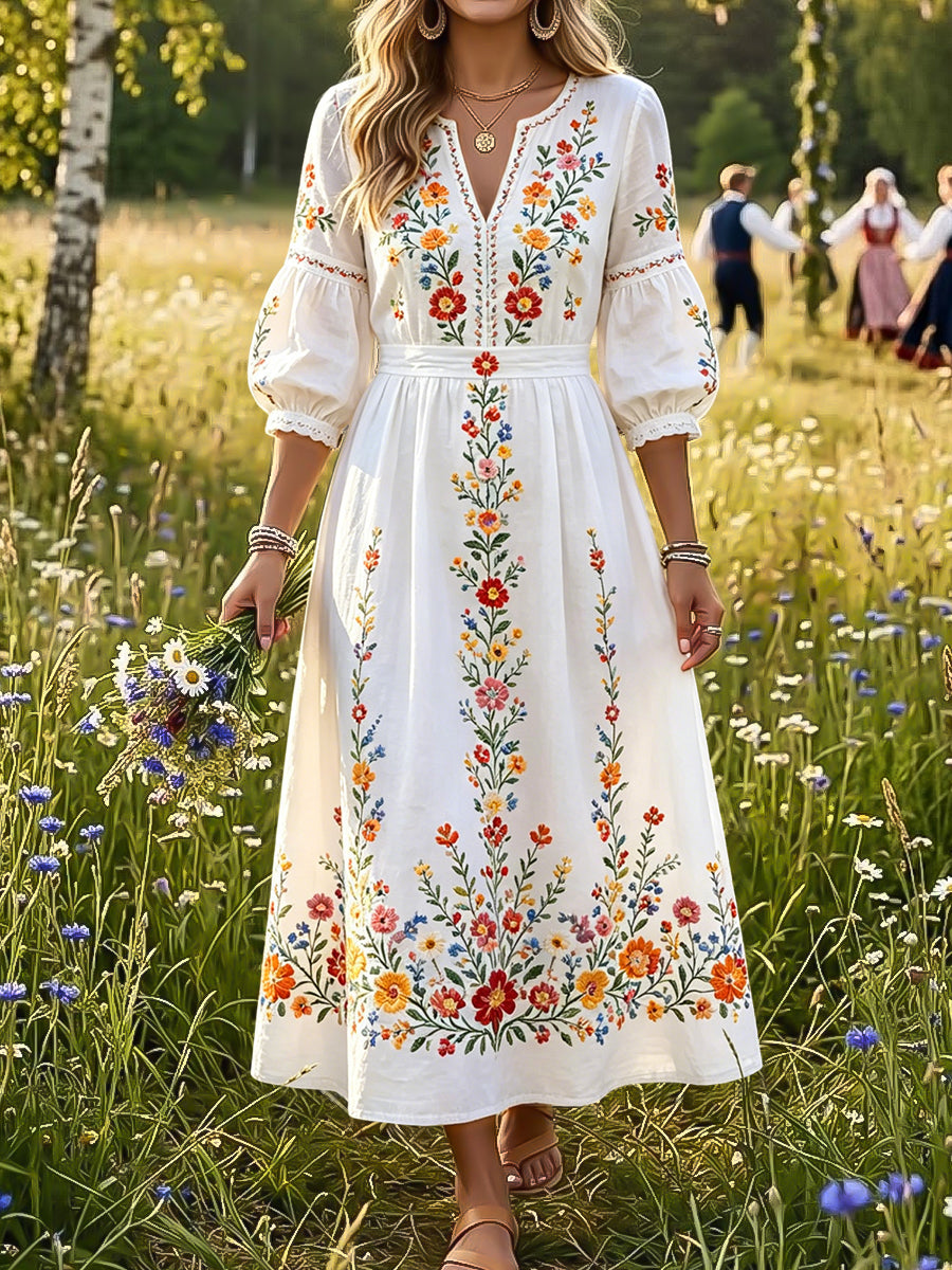 Women's Vintage Country Floral Art V-Neck Dress