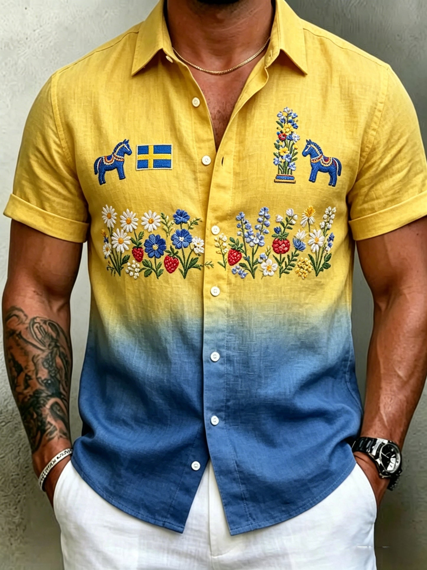 Men's Retro Swedish Midsummer Folk Floral Cotton-Linen Short-Sleeve Shirts