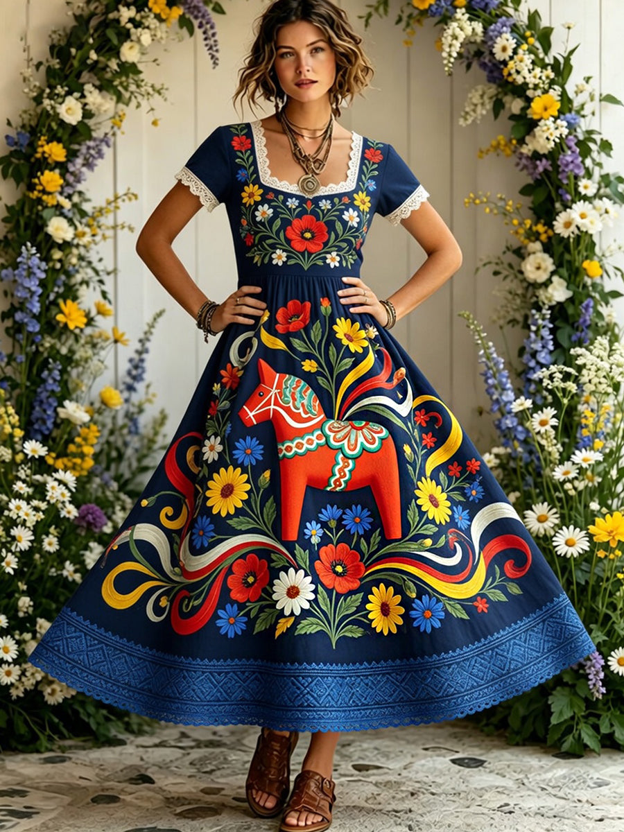 Women's Vintage Midsummer Floral Art Print Casual Cotton-Linen Dress