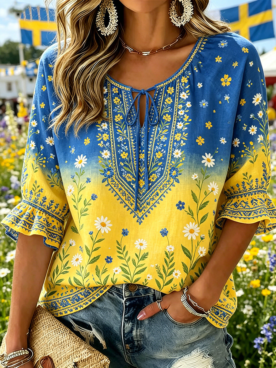 Women's Midsummer Floral Print Pastoral V-Neck Top