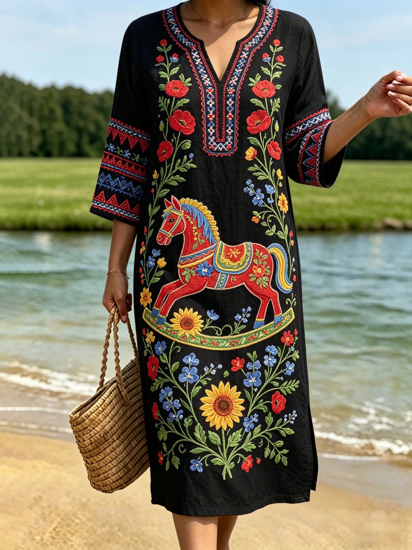 Women's Retro Swedish Midsummer Folk Floral Cotton-Linen Dress
