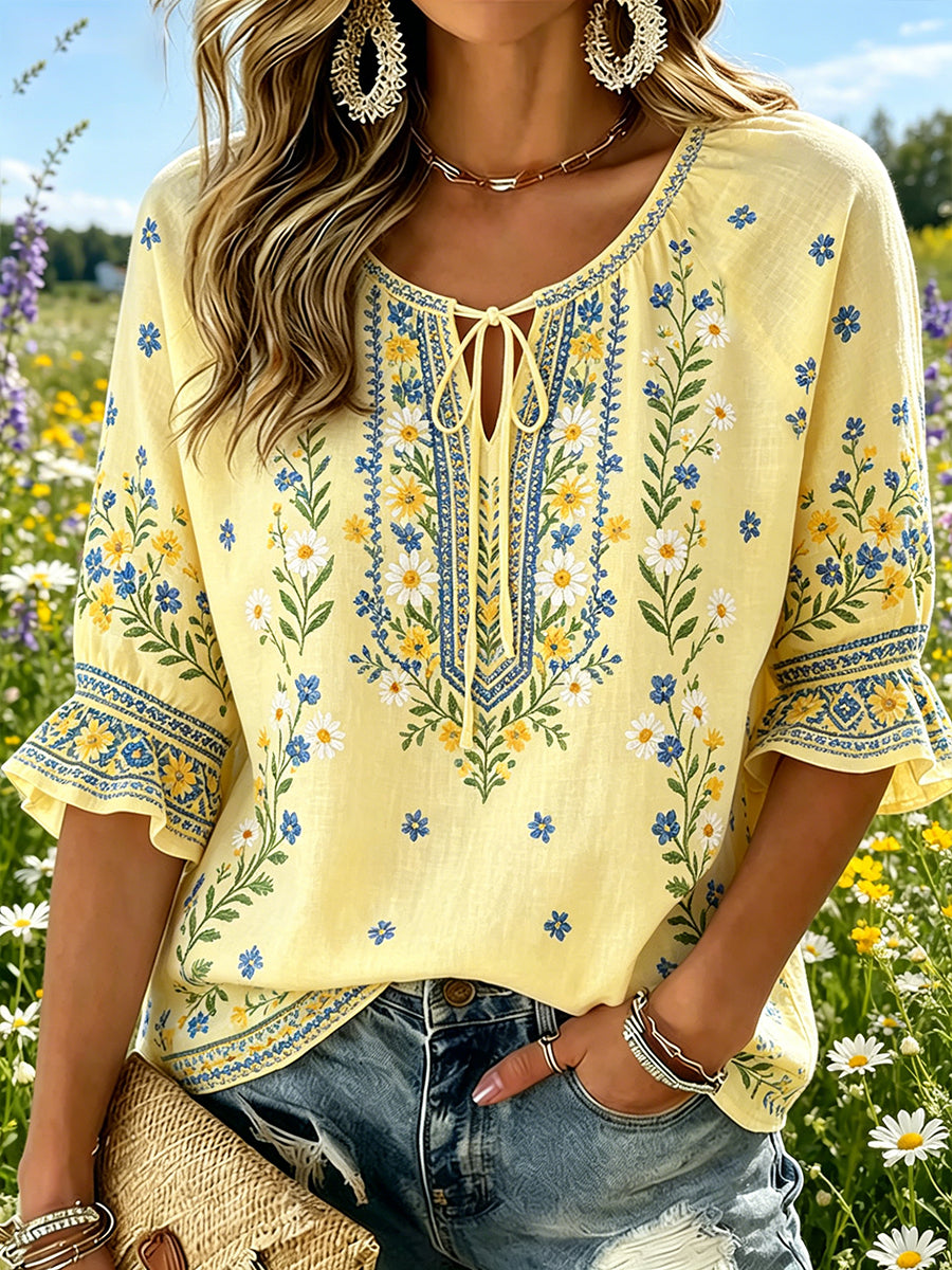 Women's Midsummer Floral Print Pastoral V-Neck Top