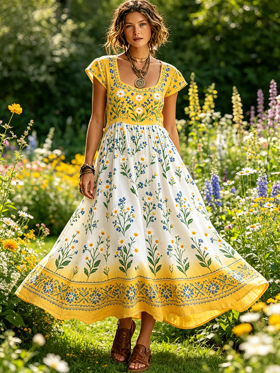 Women's Midsummer Floral Print Pastoral Style Dress