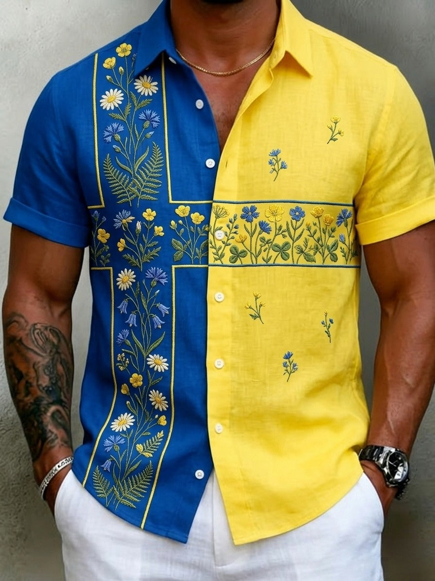 Men's Retro Swedish Midsummer Folk Floral Cotton-Linen Short-Sleeve Shirts