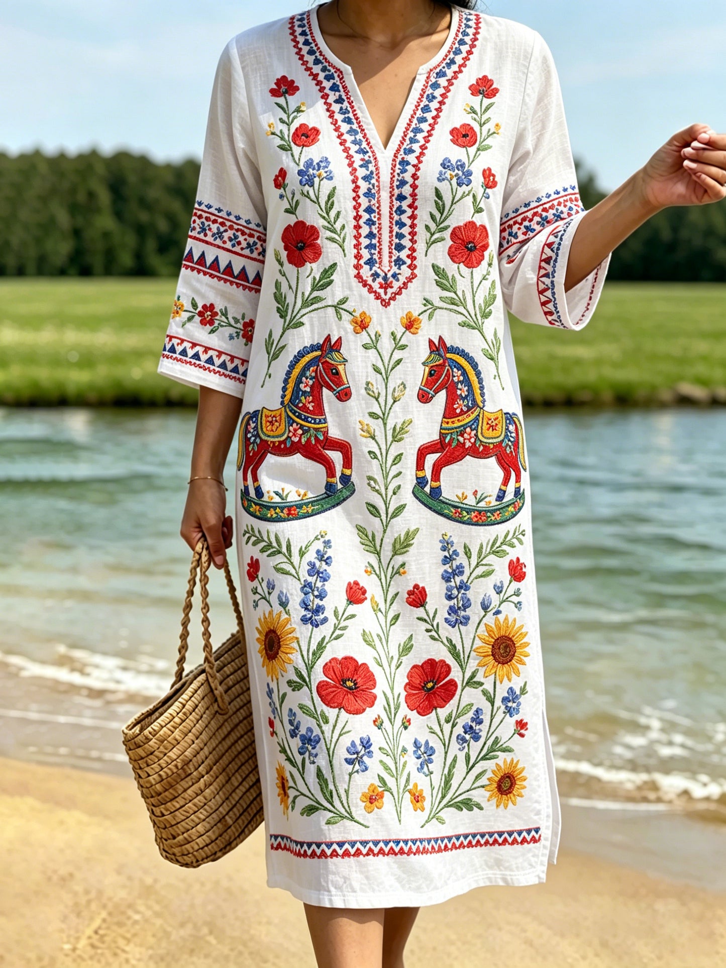 Women's Retro Swedish Midsummer Folk Floral Cotton-Linen Dress