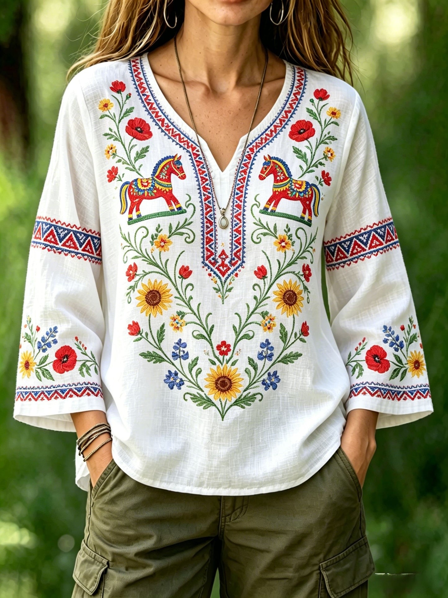 Women's Retro Swedish Midsummer Folk Floral Cotton-Linen Blouse