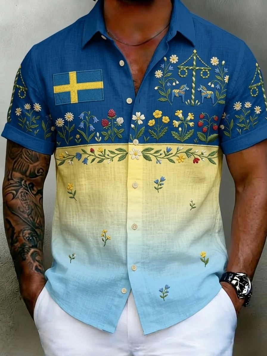 Men's Retro Swedish Midsummer Folk Floral Cotton-Linen Short-Sleeve Shirts