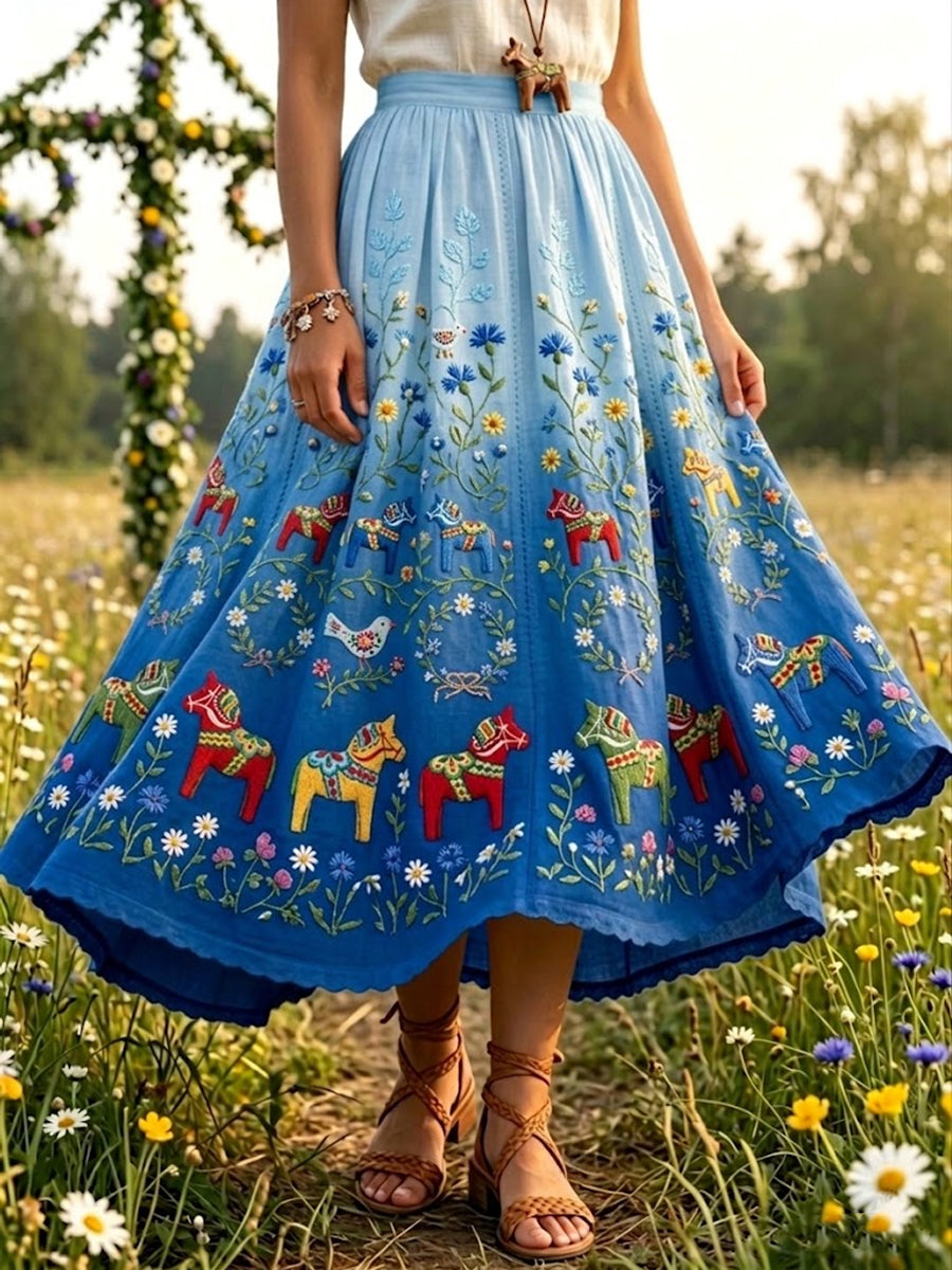 Women's Retro Gradient Romantic Floral Art Midi Skirt