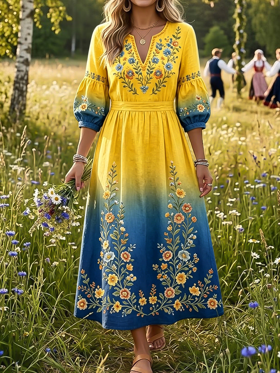 Women's Retro Floral Art V-Neck Dress with Gradient Print
