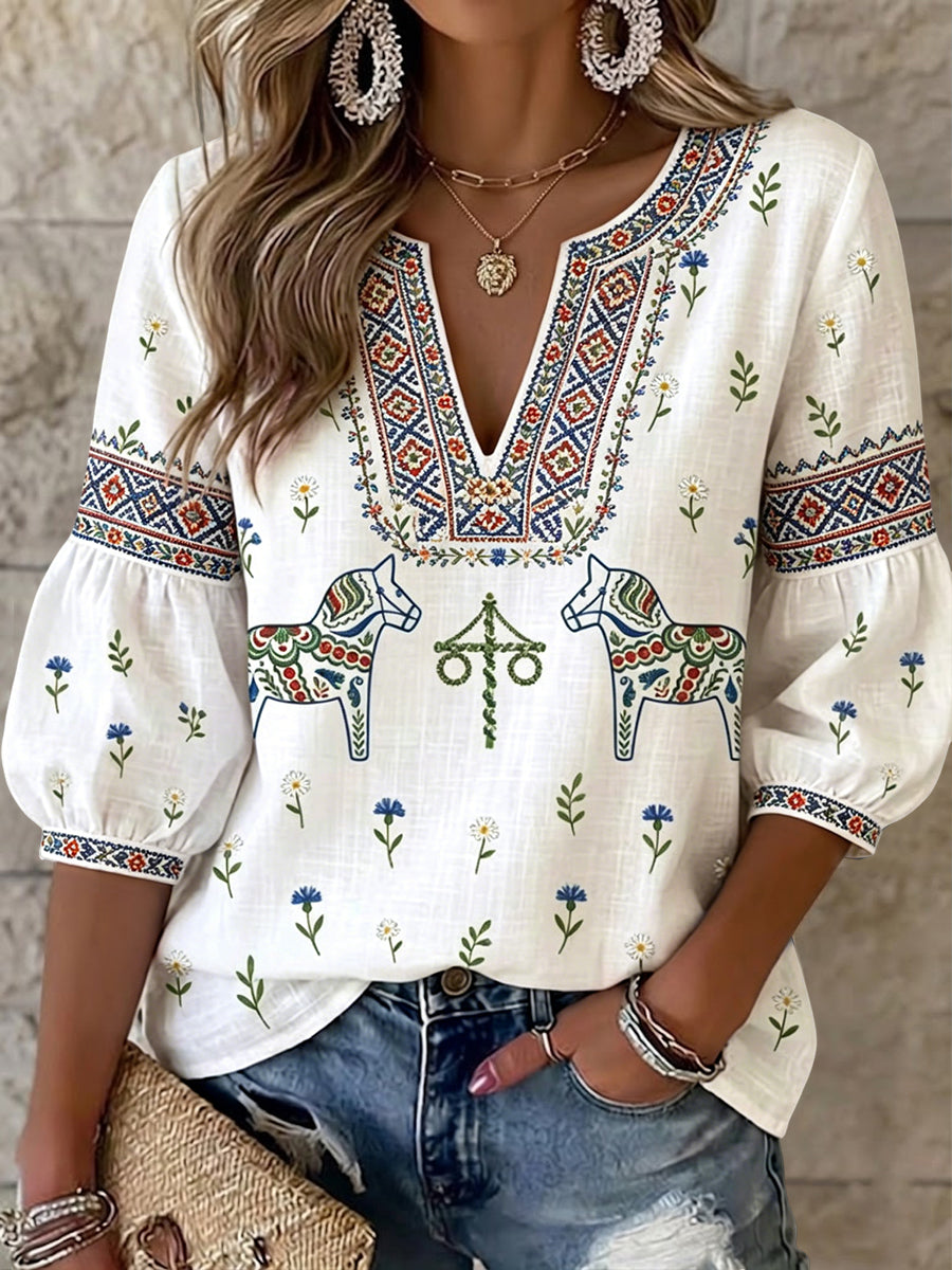Women's Retro Swedish Midsummer Floral Carousel Art V-Neck Top