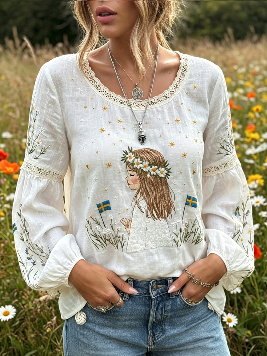 Women's Vintage Midsummer Floral Art Print Casual Cotton-Linen Top