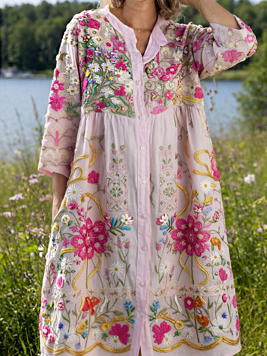 Women's Vintage Midsummer Floral Art Print Casual Cotton-Linen Dress