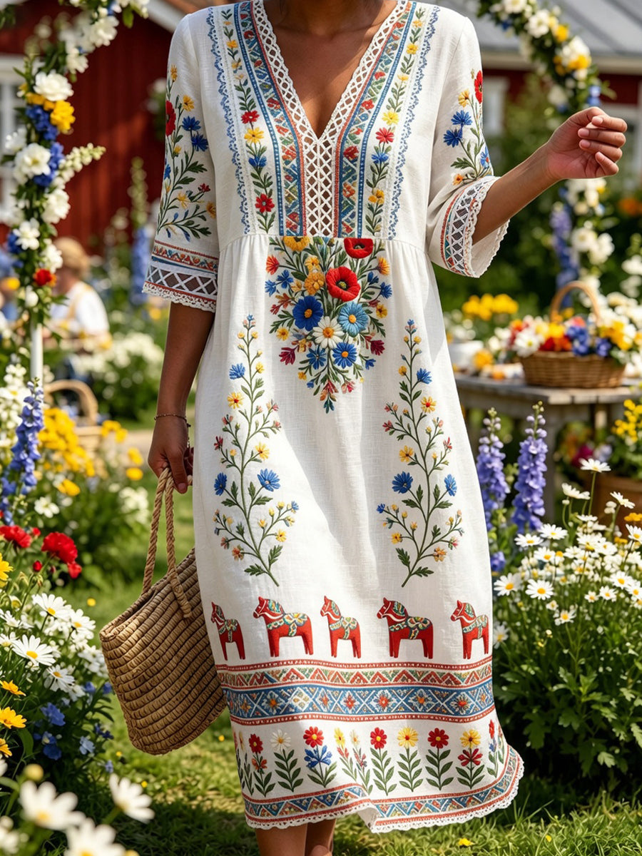 Retro Midsummer Festival Art Print Casual Dress