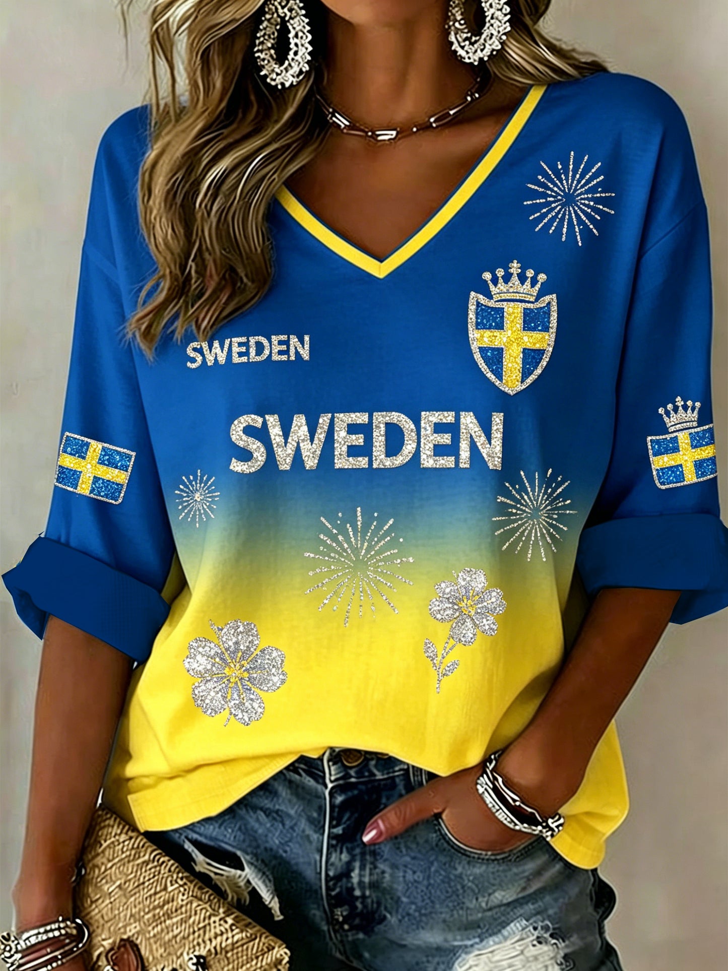 Women's National Day-Themed V-Neck Top With Gradient Sequin Print
