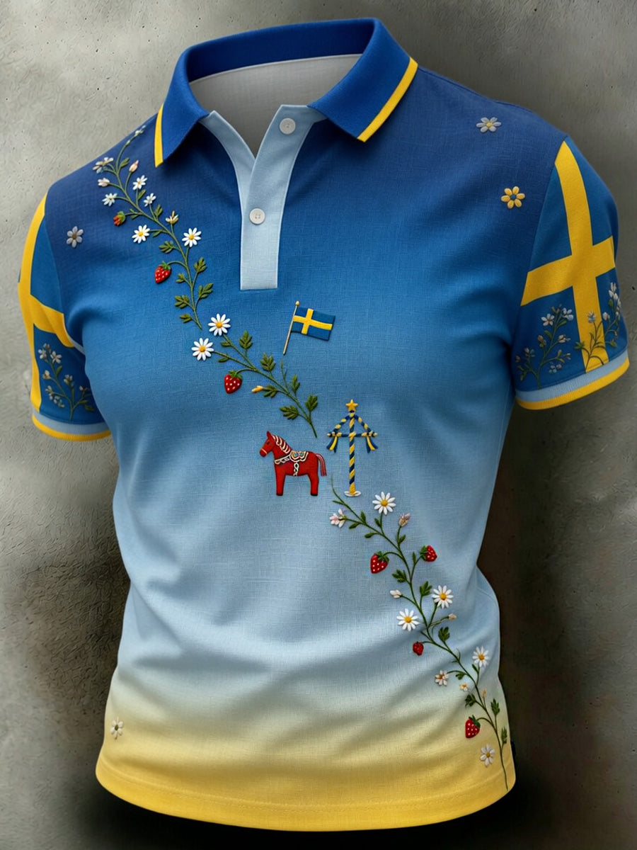 Retro Midsummer Festival Art Print Casual Polo Shirt