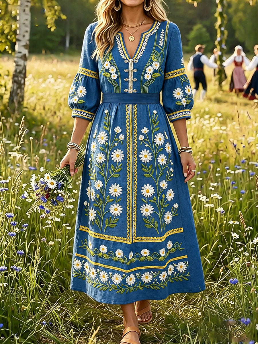Women's Sweden Floral Art Printed Linen Dresses