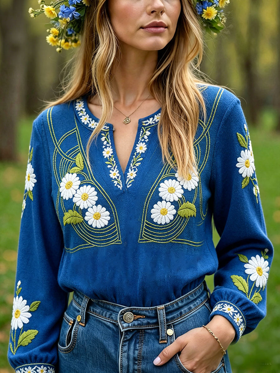 Women's Sweden Floral Art Printed Linen Casual Tops