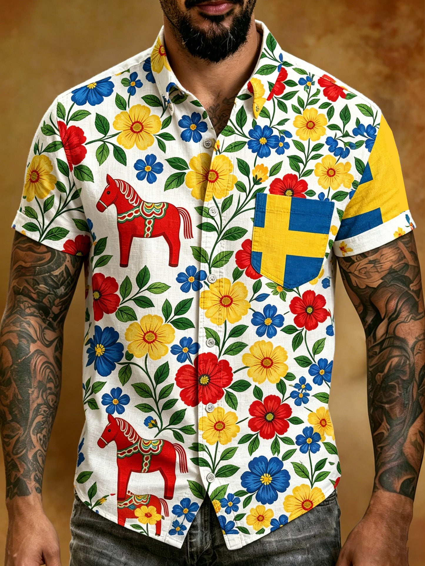 Men's Swedish Midsummer Festival Commemorative Art Print Short-Sleeve Shirt